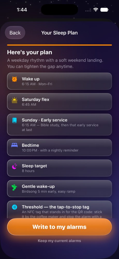Sleep plan summary with wake up, weekend flex, bedtime, and sleep target
